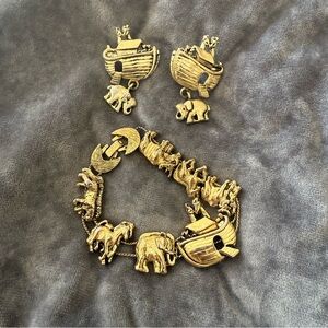 Vintage Yechang Noah’s Ark Bracelet + Earrings Set | Signed Gold Tone Jewelry
